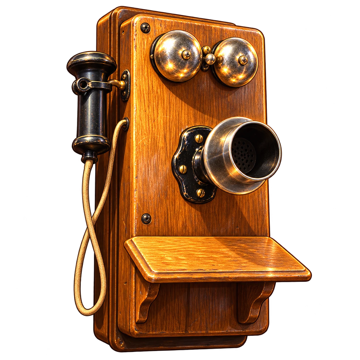 Plot Luck artwork of a 1907 wooden Kellogg telephone with twin bells
