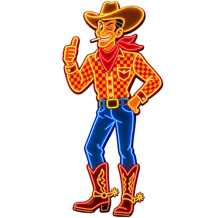Plot Luck map art of a glowing neon cowboy inspired by Vegas Vic
